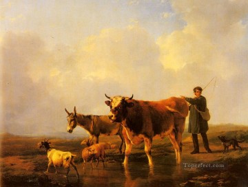 Cruzando el pantano Eugene Verboeckhoven ganado animal Pinturas al óleo